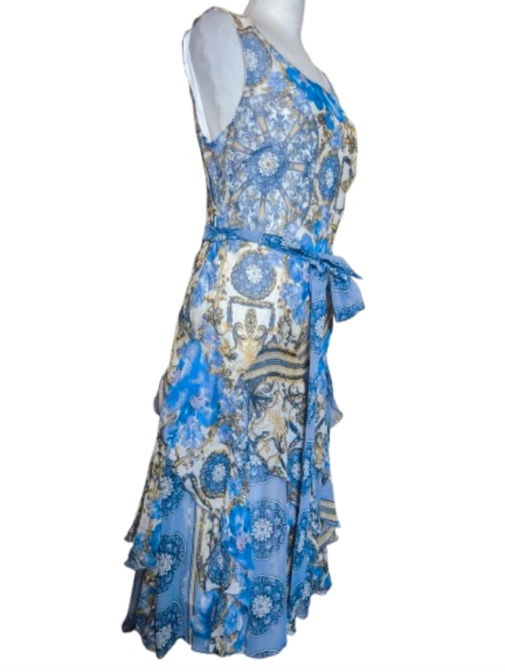 Robbie Bee Sleeveless Blue & Cream Paisley Hankercheif Midi Dress with Tie Waist - Picture 5 of 9
